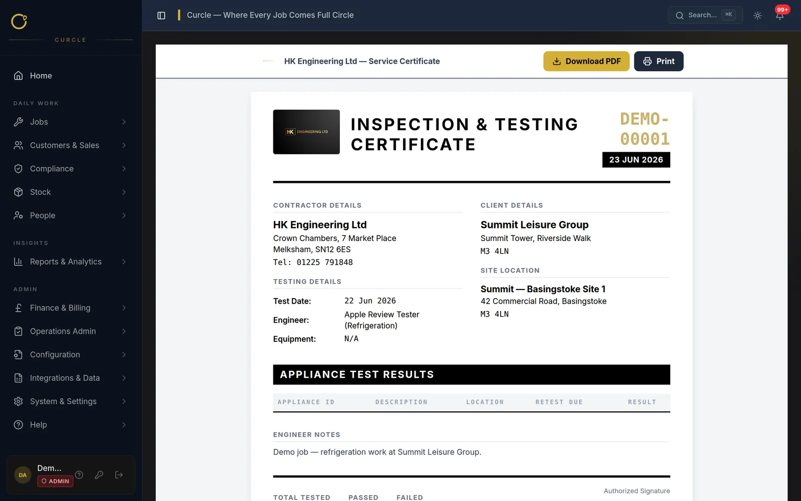 Branded PAT inspection and testing certificate generated by Curcle, showing appliance test results with pass status