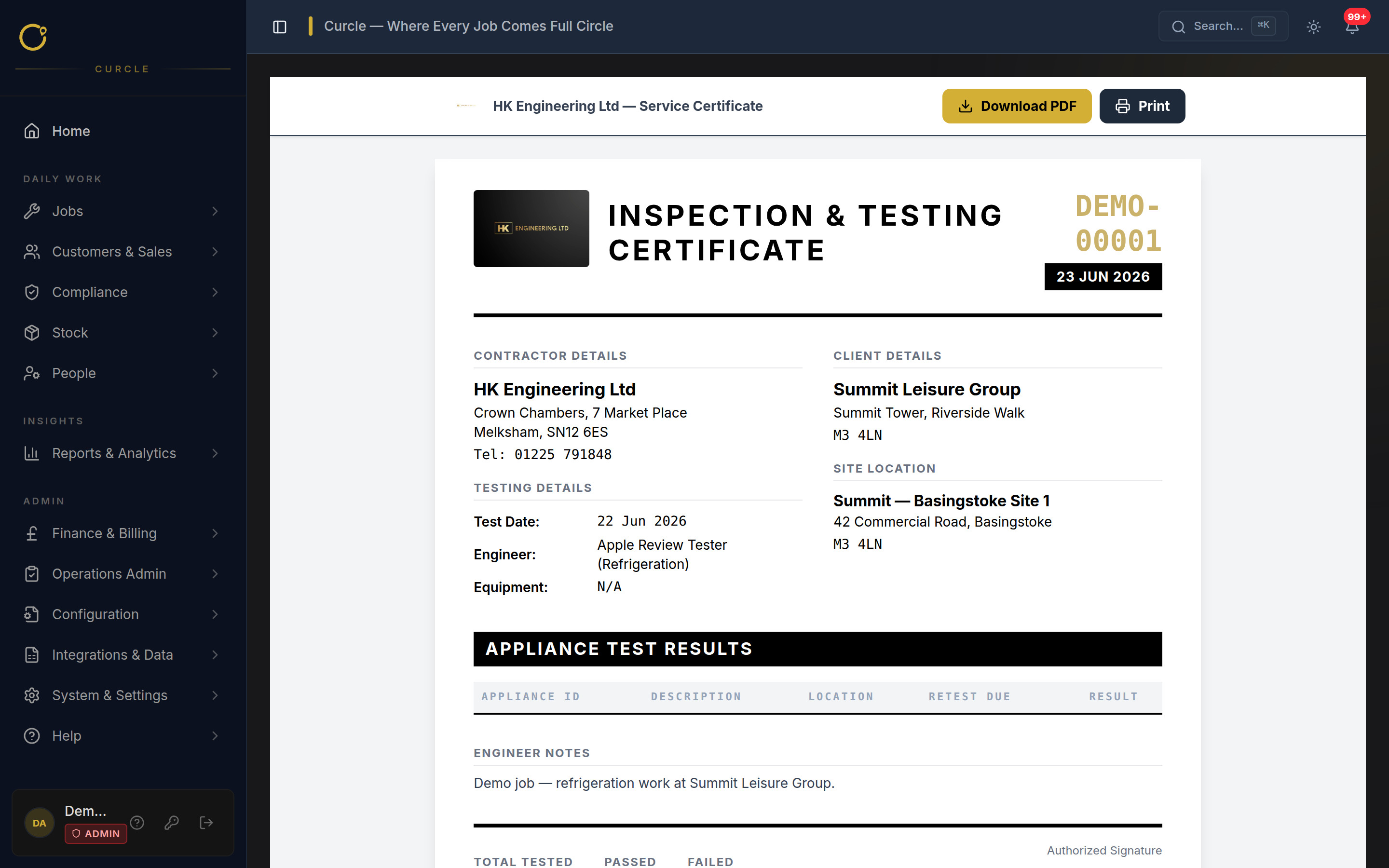 Branded PAT inspection and testing certificate generated by Curcle, showing appliance test results with pass status