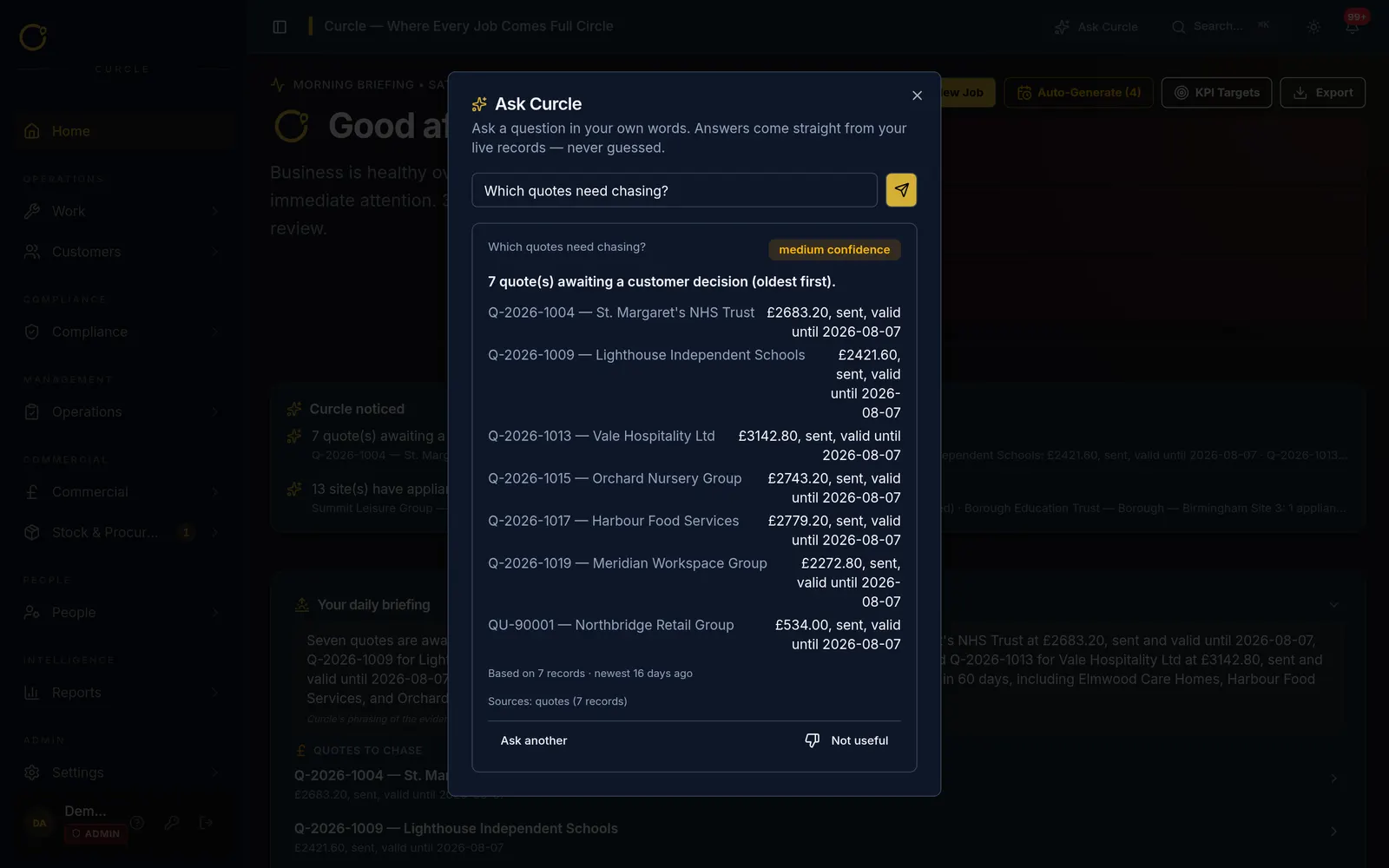 Ask Curcle answer listing quotes to chase, with confidence and evidence from seven quote records