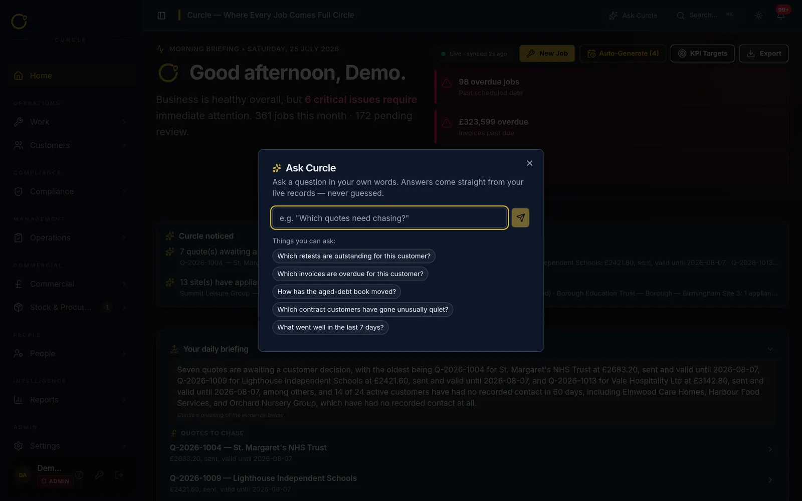 The Ask Curcle dialog with a plain-language question box and a list of suggested operational questions