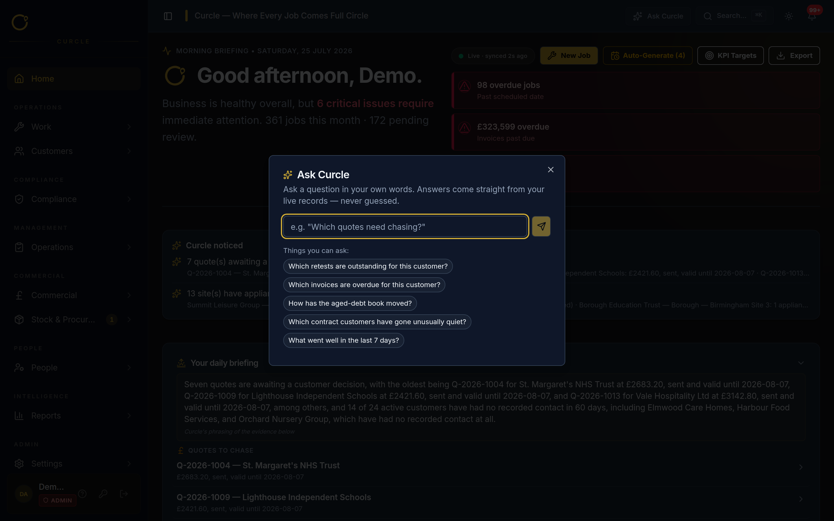 The Ask Curcle dialog with a plain-language question box and a list of suggested operational questions