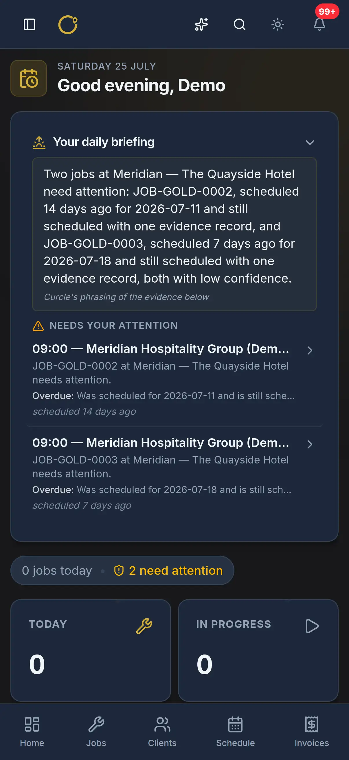 A phone showing the Curcle Daily morning briefing with a short written summary and two jobs that need attention