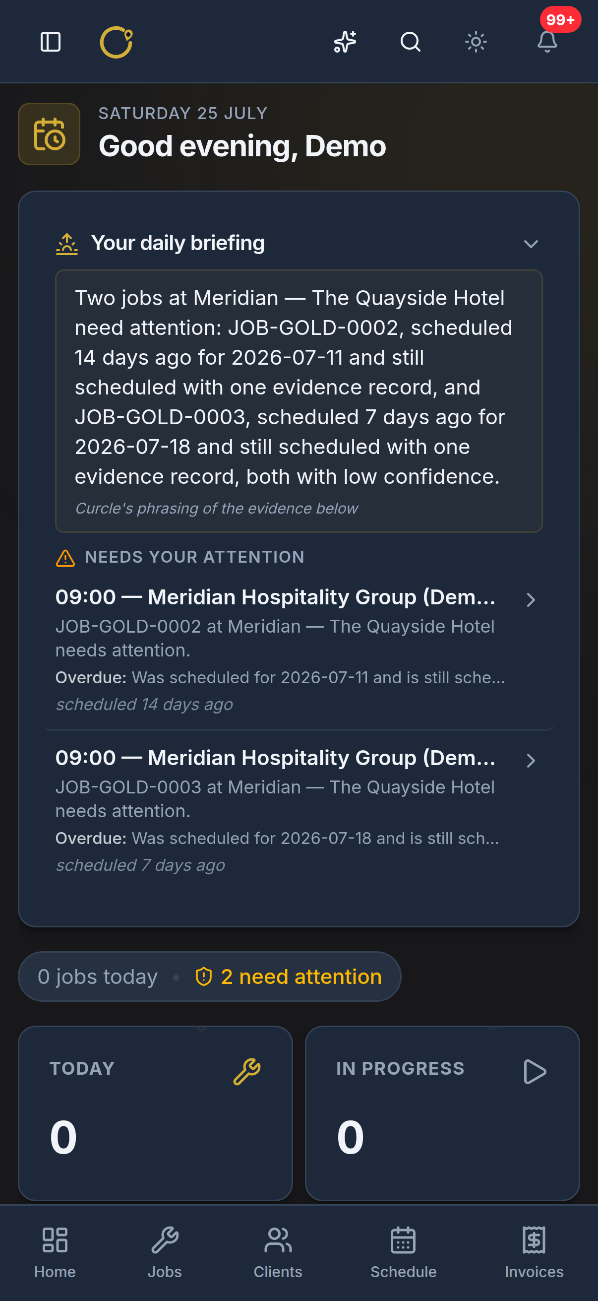 A phone showing the Curcle Daily morning briefing with a short written summary and two jobs that need attention