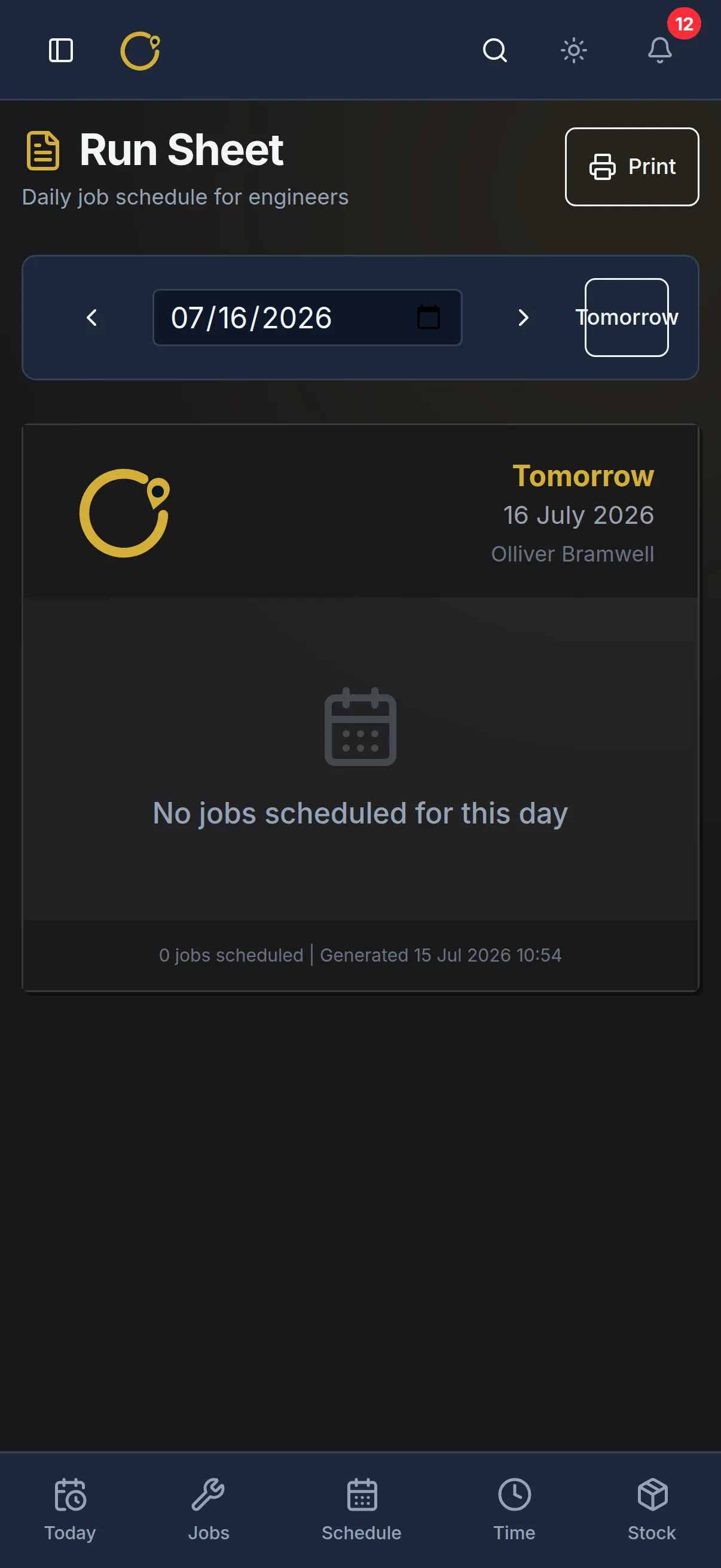 Curcle engineer app — Run sheet