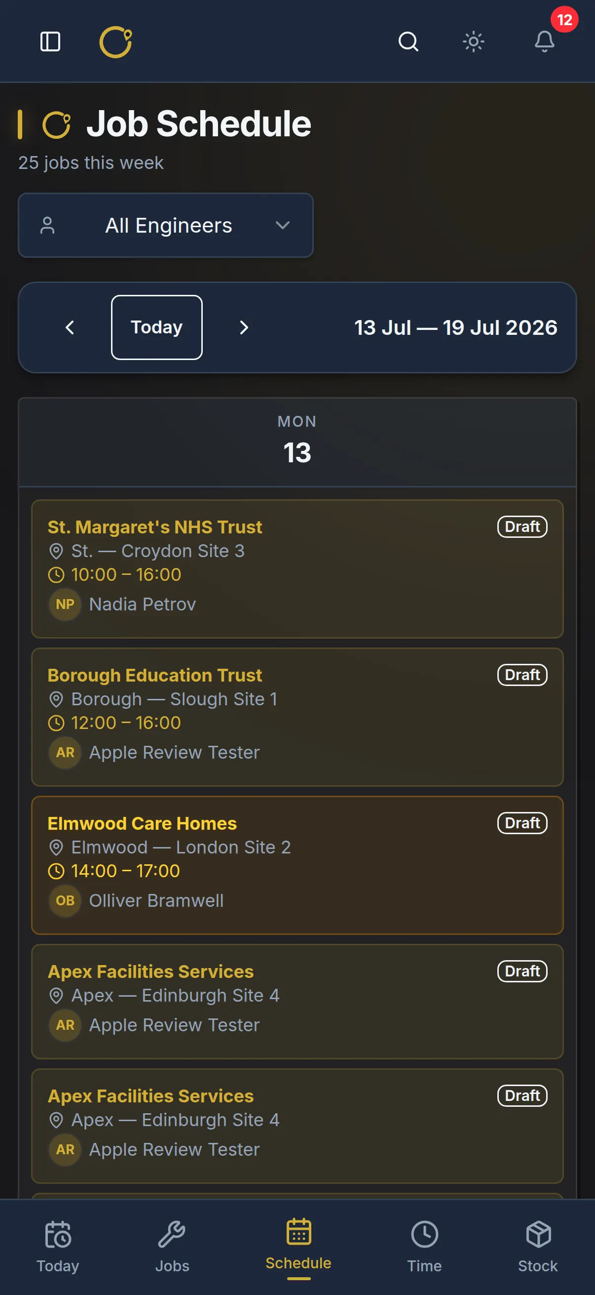 Curcle engineer app — Schedule